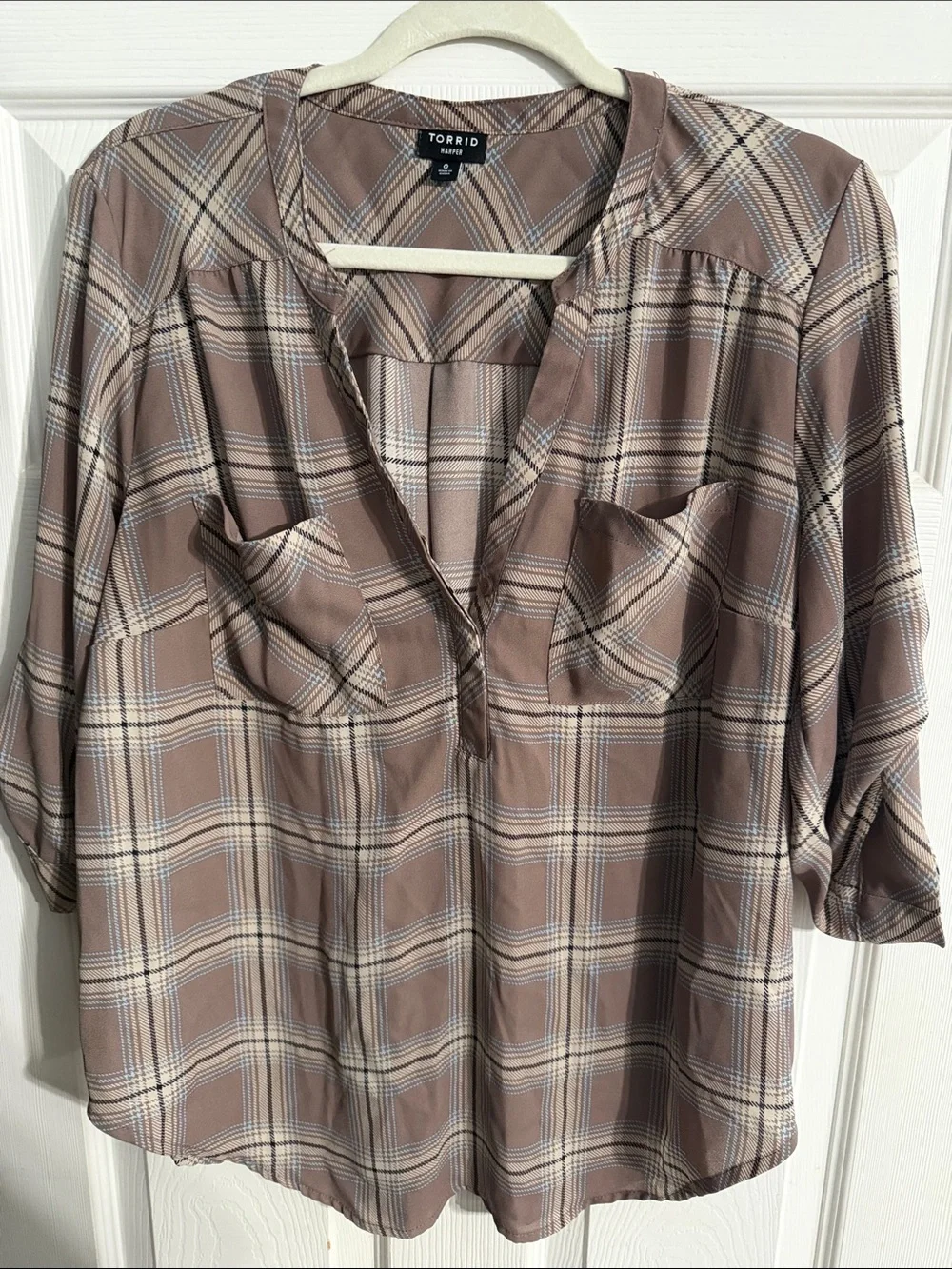 torrid taupe plaid roll-tab tunic blouse